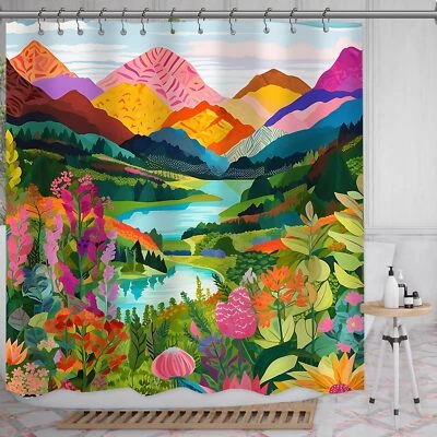 Mountain Forest Lake Art Painting Landscape Shower Curtain with Metal Hooks - Image 1 of 4