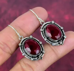 Amazing Ruby Lab-Created Gemstone Handmade 925 Sterling Silver Earrings Jewelry - Picture 1 of 4