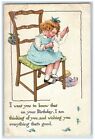1910 Birthday Little Girl Stitching Doll Pansies Tuck's Winsted Ct Postcard
