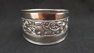 Solid 925 Sterling Silver Wide Cuff Bangle Engrave Flower Open Bracelet Unisex