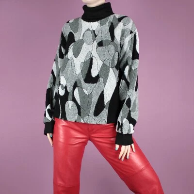 VINTAGE Grey Black High Neck Fleece 90s Abstract Jumper Sweatshirt Top M 12 14 - Image 1 of 4