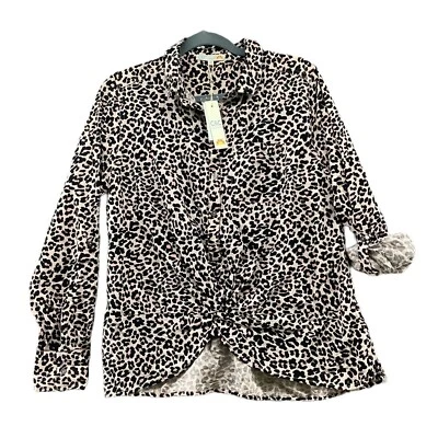 NWT C&C California Popover Top Womens M Leopard Print Pink Roll Tab Twsit Front - Image 1 of 4