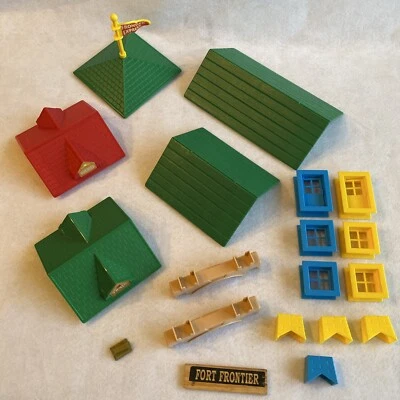 LINCOLN LOGS FRONTIER EXPRESS TRAIN Lot GOLD BARS Roofs Flag Doors Windows Parts - Image 1 of 4