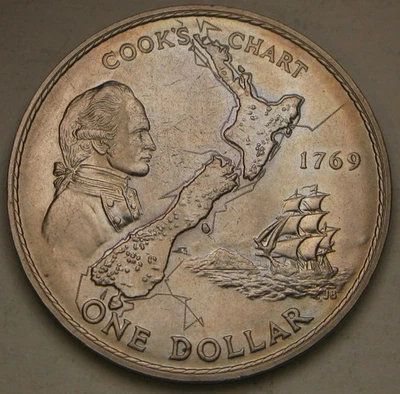 NEW ZEALAND 1 Dollar 1969 - Cu-Ni - James Cook's Voyage - aUNC - 3244 * - Image 1 of 2