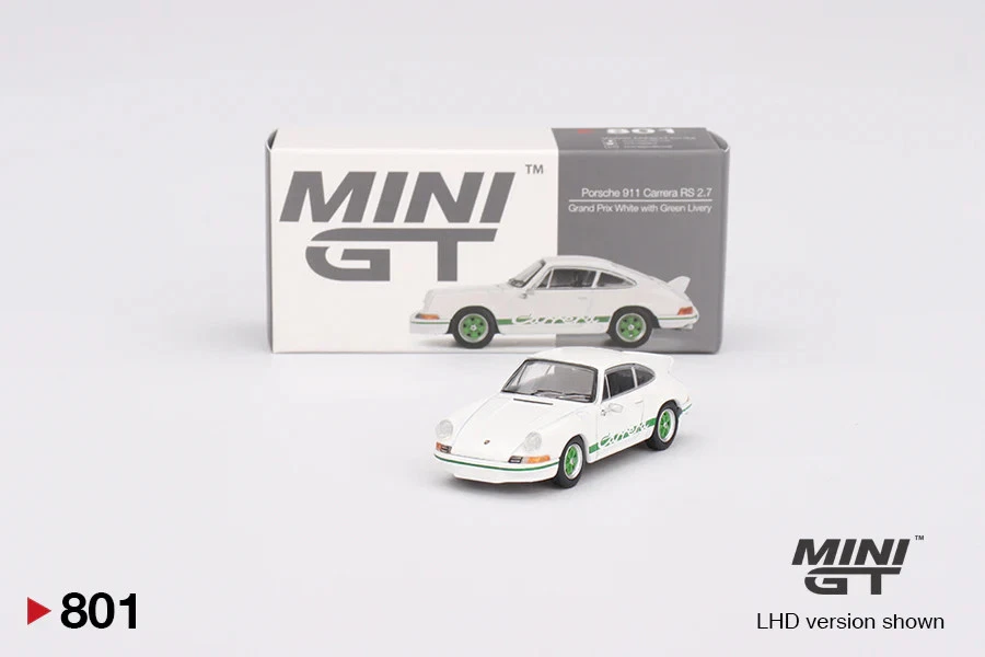 Mini GT MGT00801LHD Porsche 911 Carrera RS 2.7 Grand Prix White With Green Li...