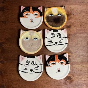 Ceramic Cat Face Coasters Trinket Dishes (6) Bandwagon Inc Cottagecore Kitty - Picture 1 of 3