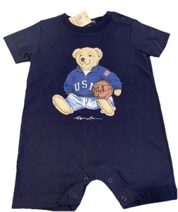 NWT Ralph Lauren Polo Basketball Bear Blue Label Romper Baby 6-12m Vintage RARE - Picture 1 of 3