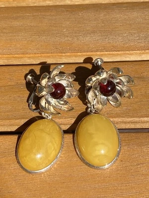 Natural Baltic Amber Earrings Butterscotch Red Amber Flower Sterling Silver 925 - Image 1 of 4