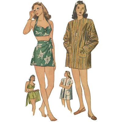 40's Pattern: Bathing Suit / Coat Sarong & Halter Neck Bra - Bust=30" (76.2 cm) - Image 1 of 4