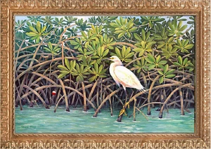 SNOWY EGRET Tropical Oil Paint on 20x30 Framed Giclee Canvas **SALE - Picture 1 of 5