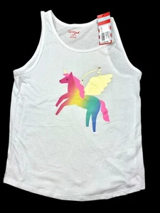 Cat & Jack Girls Size L 10/12 Sleeveless Tank Top Shiny Colorful Unicorn White - Picture 1 of 5