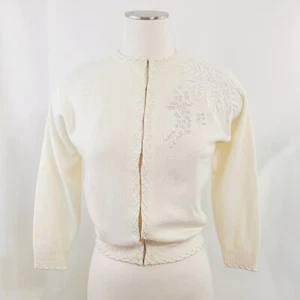 Vintage 1950s beaded cardigan sweater ivory lambswool angora floral botanical - Picture 1 of 7