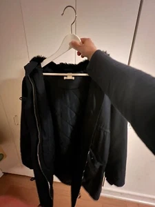 H&M Mama maternity Size S fur hooded winter parka coat jacket - Navy - Picture 1 of 1