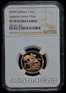 2018 GREAT BRITAIN - 1 Sovereign Sapphire Jubilee PRIVY MARK 65 - NGC PF 70 UC - Picture 1 of 2