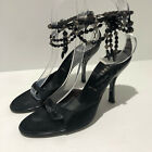Vicini black satin jewelled ankle strap heels sandals shoes 37 4 VGC gothic 