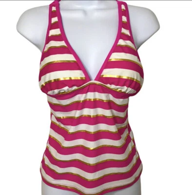 Tankini feminino Bongo listrado rosa/dourado/branco tamanho M - Imagem 1 de 4