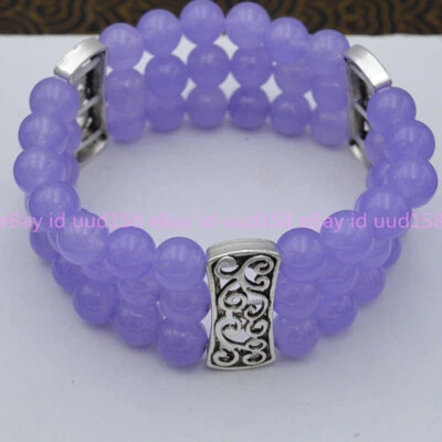 Brazalete elástico de plata tibetana de 7,5"" para mujer 3 filas 8 mm cuentas de jade lavanda Foto 1 de 4