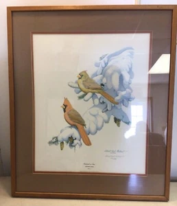 Cardinals in Snow Print by Albert Earl Gilbert Pencil Signed 841/5000 1973 Frame - Picture 1 of 9