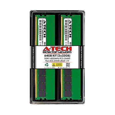 A-Tech 64GB Kit (2x32GB) DDR5 4800MHz PC5-38400 CL40 UDIMM 2Rx8 1.1V Non-ECC ... - Image 1 of 4