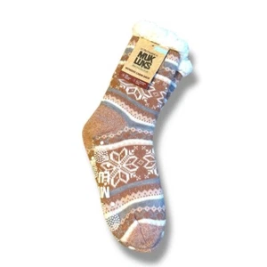 Muk Luks Women's Cabin Socks Sz L/XL NEW Beige Fair Isle Fuzzy Slipper Grips - Picture 1 of 3