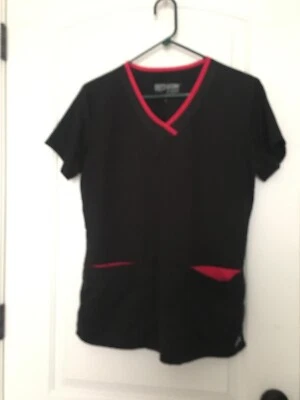  Grey's Anatomy Women's Scrub Uniform Top V Neck Pink Trim Nurse Size M Black - Image 1 of 4