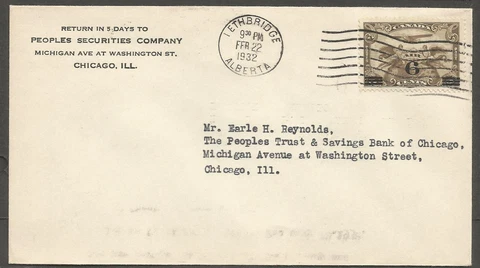 1932 FDC First Day Cover 6c Airmail Surcharged #C3 Machine Lethbridge Alberta Cover