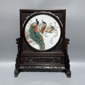Chinese Old Mahogany inlaid porcelain panel Peacock pattern Home decoration - Picture 1 of 8