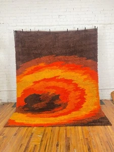 60's 70s CARMEN Yellow Orange Sunset UNUSED Mid Century Wool Rya Rug Modern - Picture 1 of 5