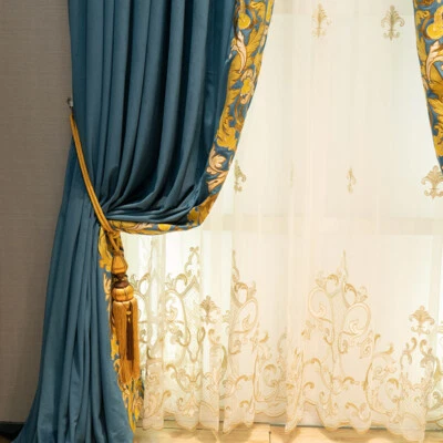 Gorgeous living room embroidered dark blue velvet cloth curtain drape C1772 - Image 1 of 4