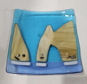 Vintage Fused Studio Art Glass Plate Blue Beige Beach Curved Design - Picture 1 of 8