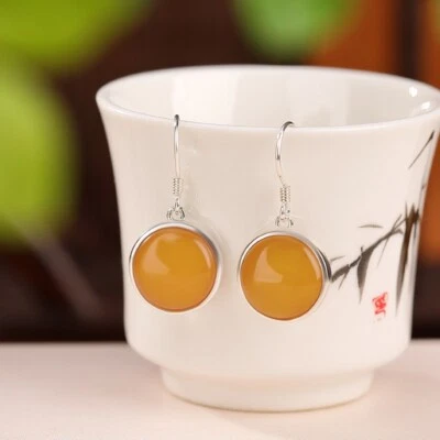 F02 Earrings Yellow Amber Back Vines 925 Sterling Silver - Image 1 of 4