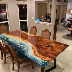 Live Edge Wood & Ocean Epoxy Resin Dining Table | Handcrafted Art Furniture - Picture 1 of 5