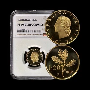 ITALY. 1985, 20 Lire - NGC PF69 - Top Pop 🥇 Woman, Wheat Sprigs, Oak Branch - Picture 1 of 7