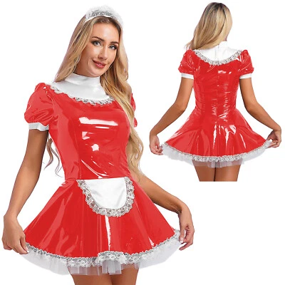 Mujeres Sexy Vestido Brillante Metálico Juegos con disfraces Fiesta Vestir Aspecto Húmedo Delantal de Encaje Foto 1 de 3