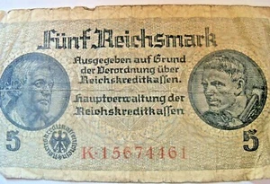5 Reichmarks  -Reich Bank Note - Swastika Nazi Reich  - Picture 1 of 4