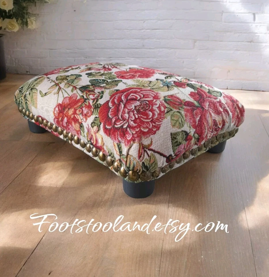 Flowers pattern FOOTSTOOL with decorative studs underdesk home office footrest - Image 1 of 4