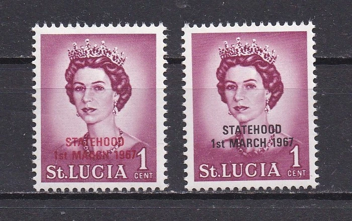Sobreimpresiones negras y rojas de St. Lucia Statehood en 1c, 1967 Foto 1 de 1
