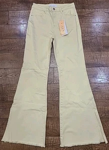 Risen Jeans High Rise Slit Flare gelb Denim ausgefranster Saum Glockenboden Stretch 9/29 - Bild 1 von 12