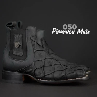 BOTÍN DE CUERO PIRARU NEGRO PARA HOMBRES PIEL DE PEZ BOTÍN VAQUERO BOTÍN HECHO A MANO OCCIDENTAL Foto 1 de 4