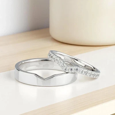 1.00 Ct Round Cut Moissanite Engagement Couple Band Ring Set 14K White Gold Over - Bild 1 von 4