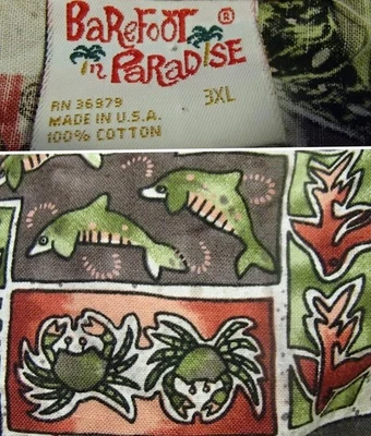 Camisa hawaiana vintage BAREFOOT IN PARADISE PEZ impresión inversa HECHA EN EE. UU. para hombre 3XL Foto 1 de 4