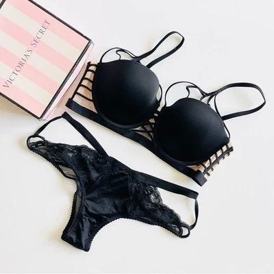 36C MEDIUM Victoria’s Secret x Balmain black bra set strappy cheeky panties - Image 1 of 4
