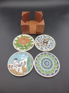 Set of 4 VINTAGE GREEK Folk Art Enamel COASTERS Greece 1970s - Picture 1 of 8