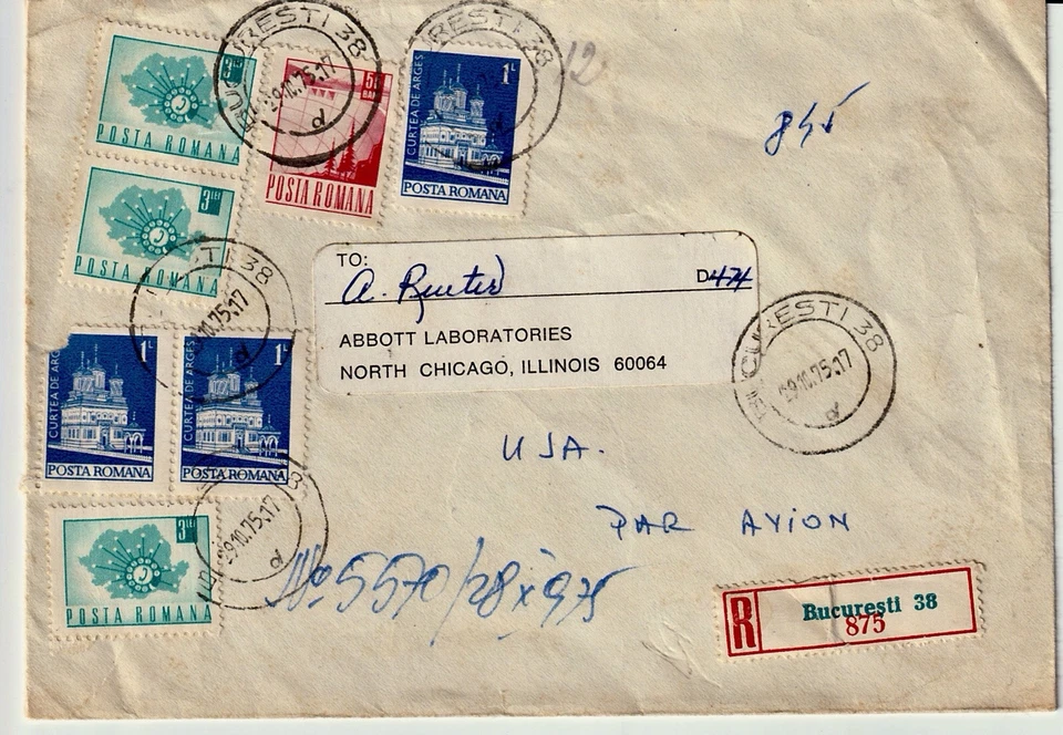 Cubierta de correo aéreo registrada 1975 Rumania a EE. UU. - Abbott Laboratories Chicago Foto 1 de 2