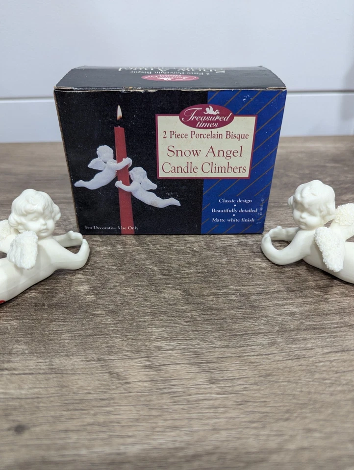 Vintage Treasured Times 2 Piece Porcelain Bisque Snow Angel Candle Climbers - Image 1 of 4