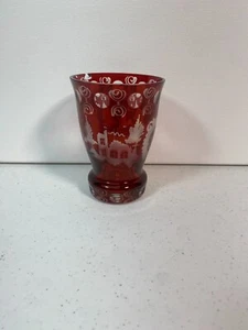 Vintage Ruby Red Cut Bohemian Glass Etched Crystal Vase 4 3/4" - Picture 1 of 10