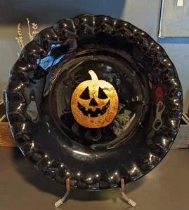 Halloween Espeluznante Scary Jack O Linterna Calabaza Vidrio Negro Centro de mesa Plato Plato - Imagen 1 de 12
