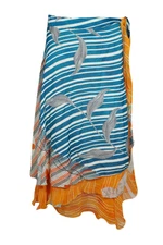 Blue Orange Gypsy Vintage Silk Sari Skirt Printed Multiwear Wrap Skirts