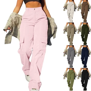 Women Wide Leg Cargo Combat Trousers Ladies Summer Plain High Waist Solid Pants - Picture 1 of 36