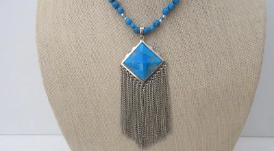 On Sale Turquoise Diamond Shaped Pendant Tassel Necklace Sterling Clasp Handmade - Image 1 of 4